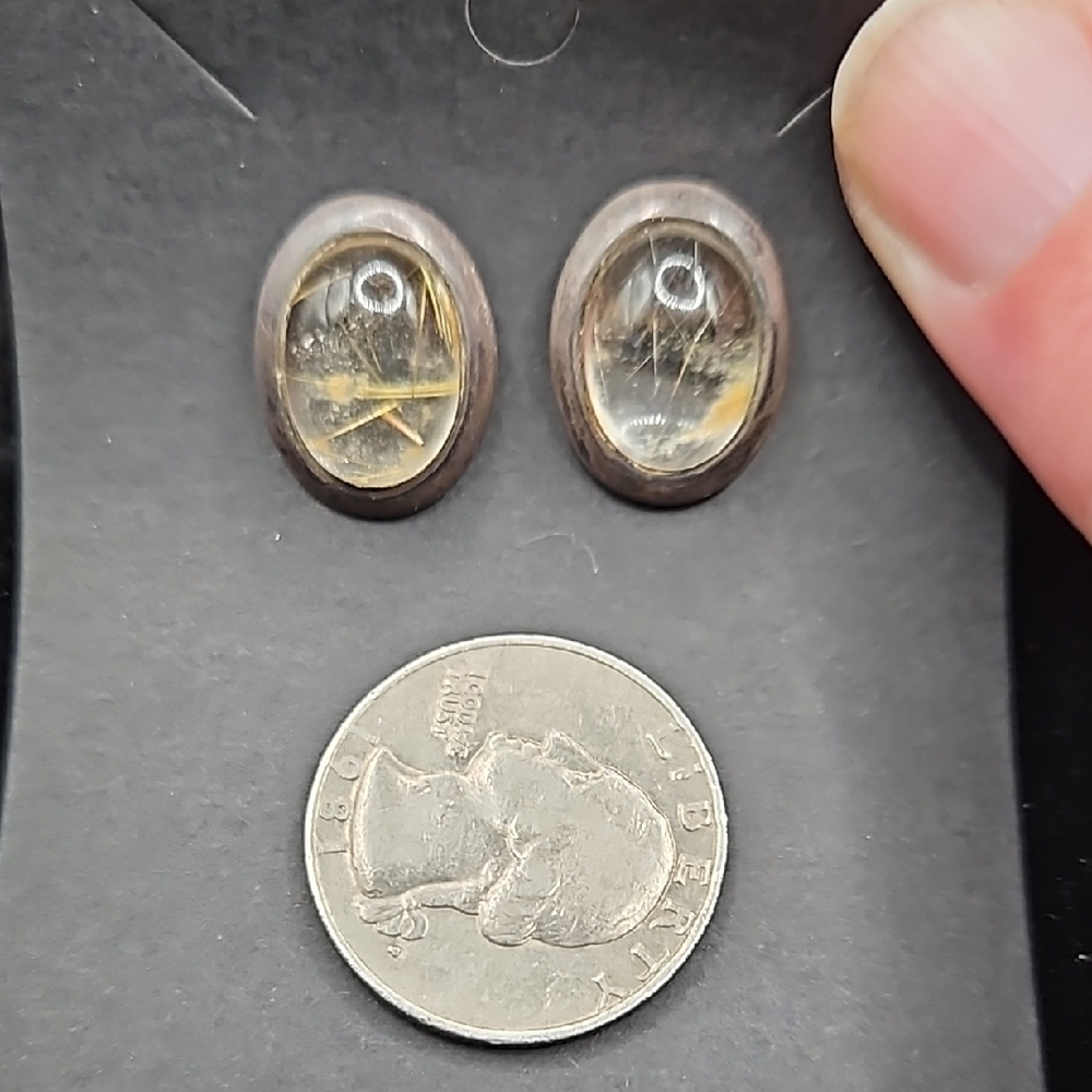 Unique Gold Rutile In Quartz Oval Gemstone Earrings